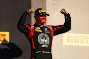 Race winner Nikita Mazepin of Russia and Hitech Grand Prix celebrates during the Formula 2 Championship Feature Race at Mugello Circuit on September 12 in Scarperia, Italy.