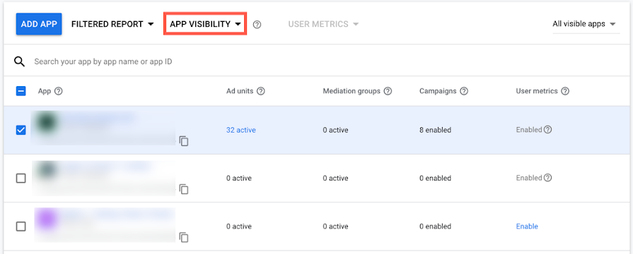 A screenshot of the AdMob interface showing the location of the "Set visibility" button, which has the available options of "Hide" and "Show"