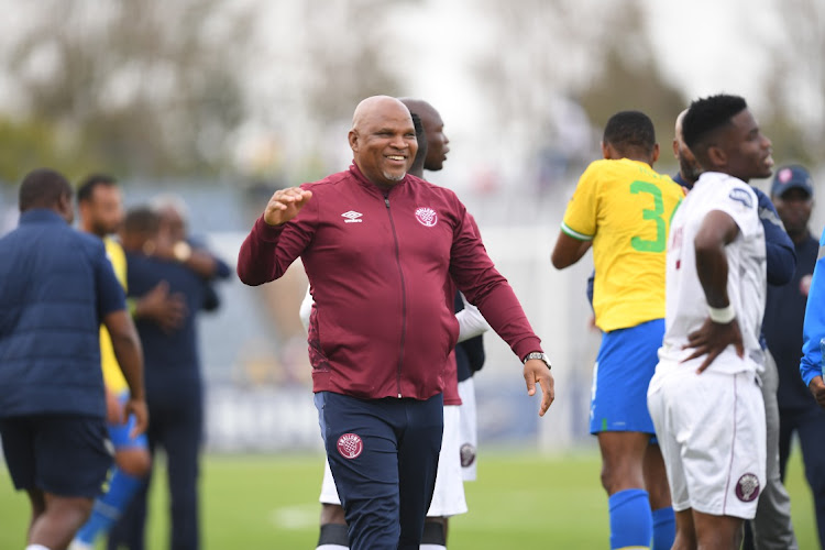 Morgan Mammila of Swallows FC with players during the DStv Premiership match between Swallows FC and Mamelodi Sundowns at Dobsonville Stadium on April 09, 2023 in Johannesburg.