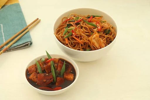 Fiery Chili Veg Noodles With Lemon Basil Paneer Gravy