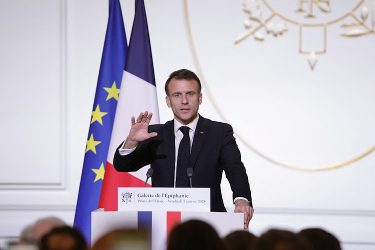 French President Emmanuel Macron speaks to the French Bakery and Pastry Federation members, during the presentation of the Epiphany cake at the Elysee Palace, Paris on 5 January 2024. File Picture: TERESA SUAREZ via REUTERS