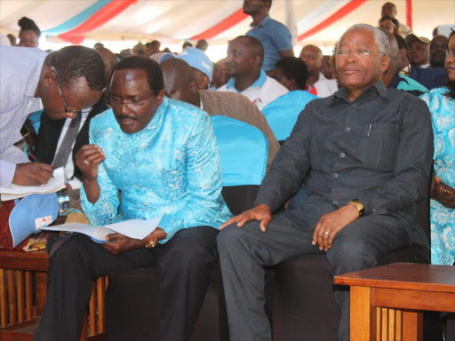 Wiper leader Kalonzo Musyoka and Chirau Ali Mwakwere during the Kamba Leaders' Convention in Matungulu, Machakos county, on Friday, February 9, 2019. /GEORGE OWITI