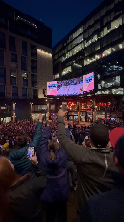 Fans celebrate after Denver Nuggets won the NBA title, during the watch party at McGregor Square in Downtown Denver, Colorado, US on June 12, in this screen grab obtained from a social media video.