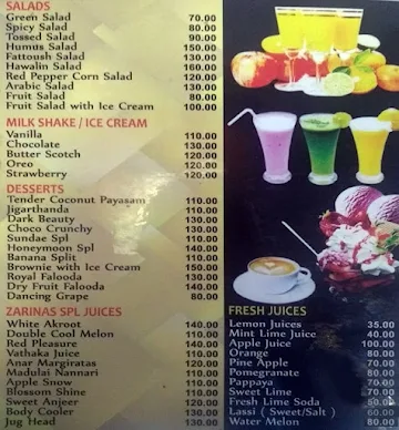 Zarinas Restaurant menu 