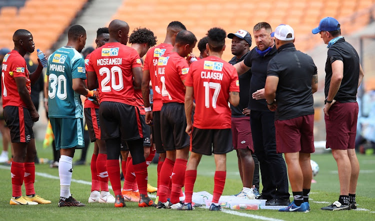 Eric Tinkler, coach of Maritzburg United instructing the players during the MTN8 quarter final between Kaizer Chiefs and Maritzburg United on October 18, 2020 at the FNB stadium in Johannesburg, South Africa.