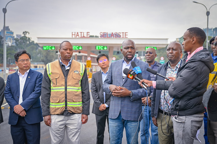 Transport CS Kipchumba Murkomen speaking during the commissioning of the newly constructed Nairobi Expressway Haile Selassie Exit Plaza on January 20, 2024.