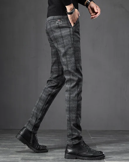 Autumn Men's Brushed Plaid Casual Pants Fashion Korean El... - 3