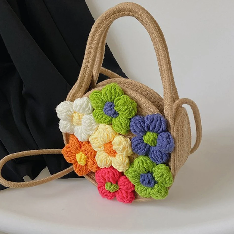 Zomerse katoenen damestas, geweven met bloemen, schoudertas en draagbaar, fris en lichtgewicht, ideaal voor de zomer.