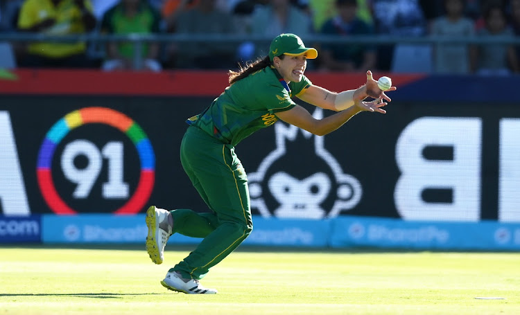 Tazmin Brits completes one of four catches in a player of the match performance that helped the Proteas beat in England in a thrilling World Cup semifinal at Newlands on Friday.