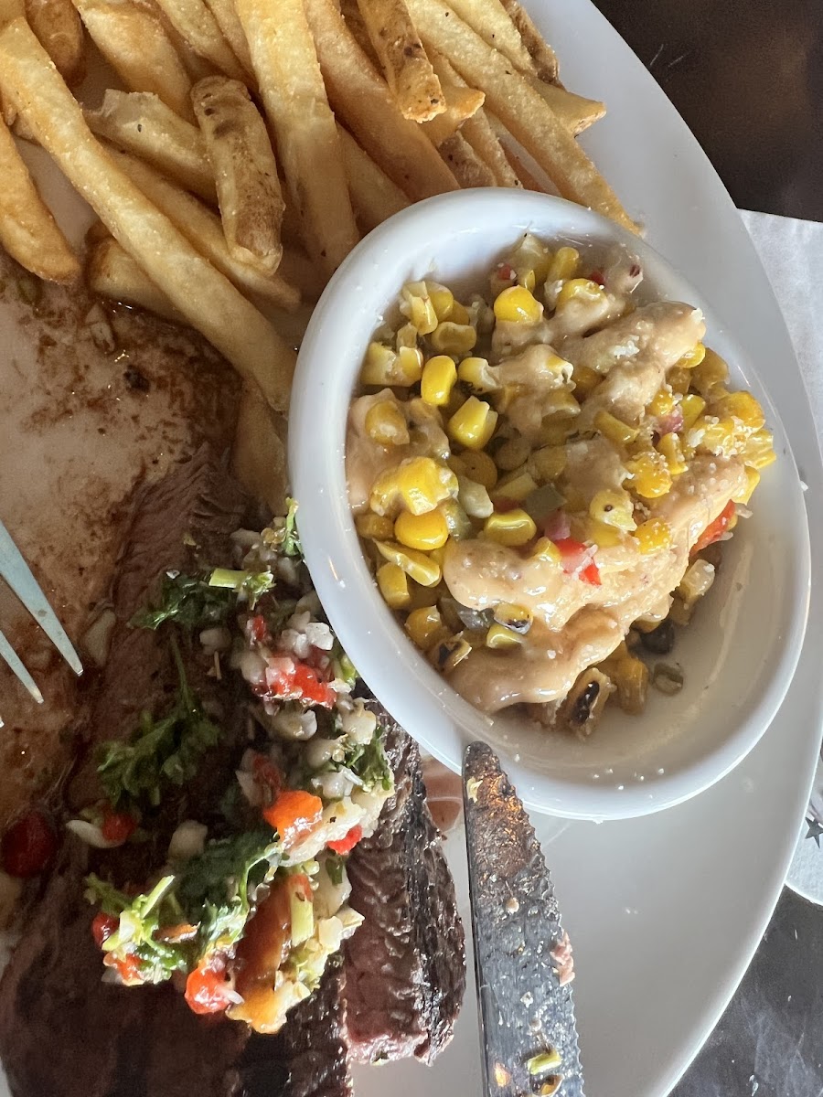 Steak, fries and corn salsa! Corn salsa is amazing!