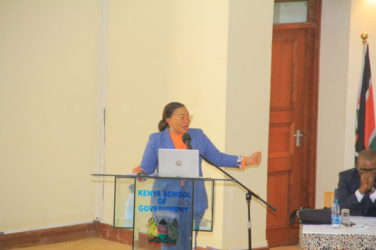 BCLB board chairperson Dr Jane Makau during a stakeholders' forum at the Kenya School of Government on March 31, 2023./EZEKIEL AMING'A