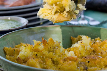 Smashed roast new potatoes with garlic & rosemary