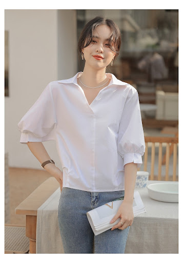Title 3, Idle Style Lapel White Shirt, Casual V-neck, Lo...