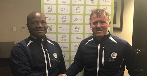 Newly appointed Platinum Stars head coach Peter Butler (R) poses for a photo with chairman Cliff Ramoroa (L).