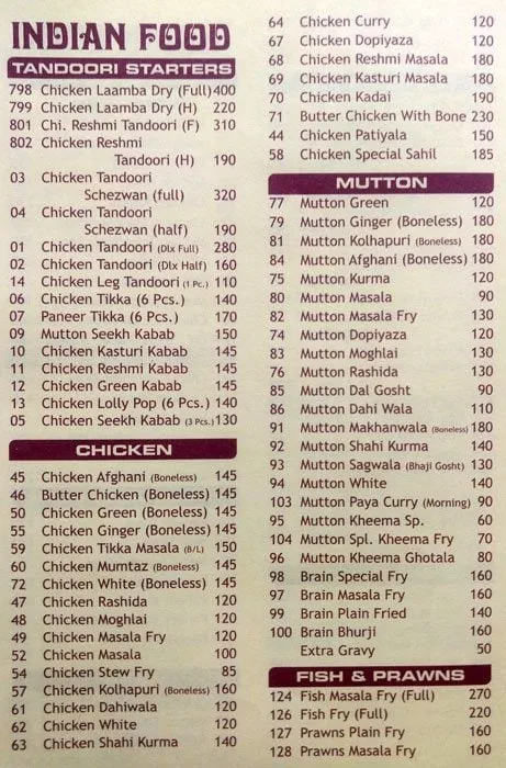 Sahil Restaurant menu 