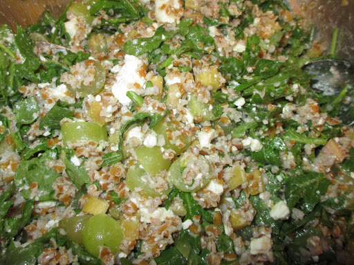 Bulgur wheat salad with feta, grapes, & rhubarb pickles.