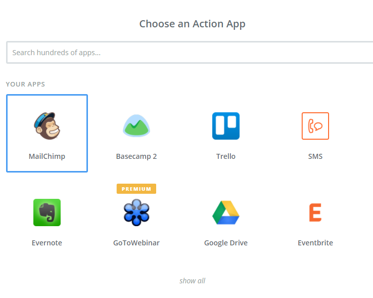 Selecting Mailchimp as an app on Zapier.