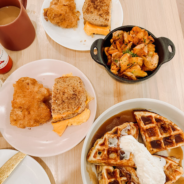 My hubby and I split the gf chicken + pecan waffles & bkst sandwich + potatoes.