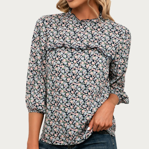 Title 5, High Neck Ruffle Sleeve Floral Sleeve Shirt Top
