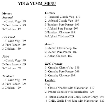 Yin & Yumm menu 
