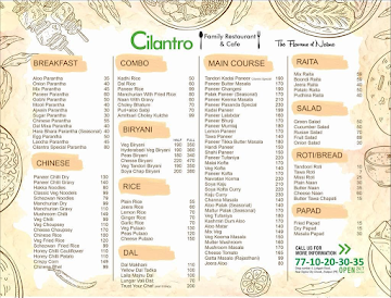 Cilantro Family Restaurant And Cafe menu 