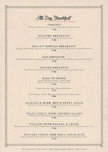 Kelly's Cafe & All Day Dining menu 