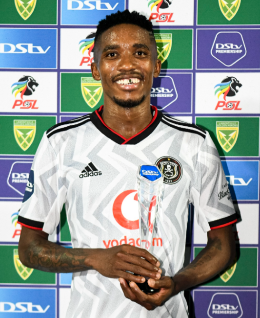 Orlando Pirates attacker Monnapule Saleng with the man-of-the-match award he received after the DStv Premiership match against Golden Arrows at Princess Magogo Stadium.