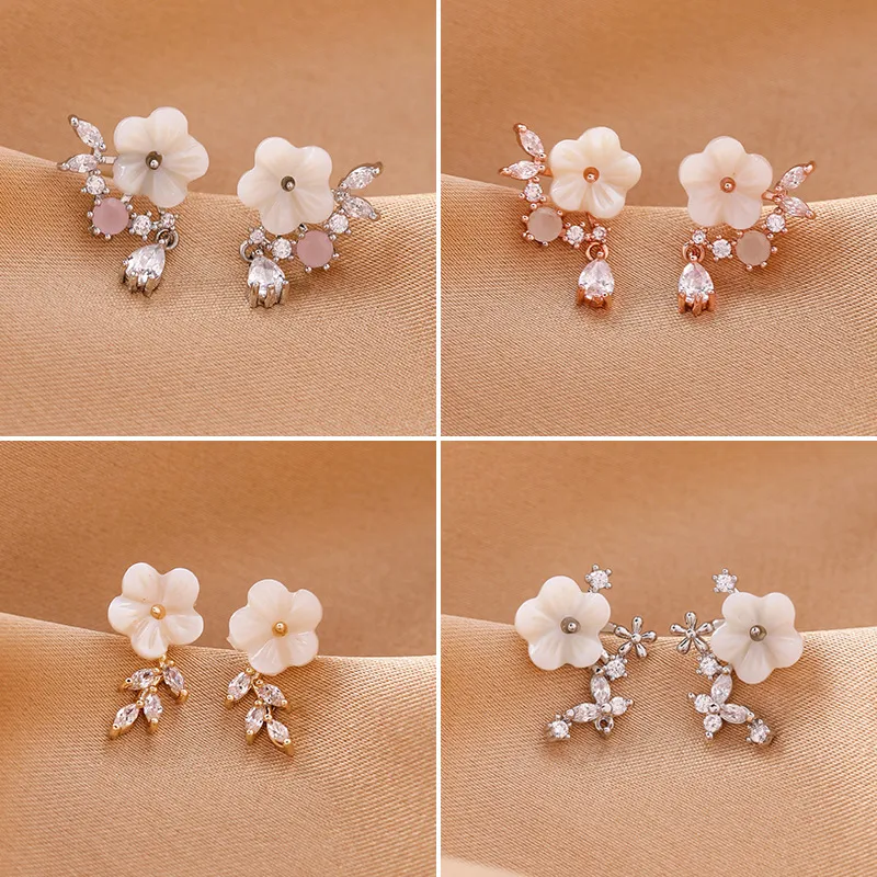 Brincos femininos de zircônia com flor de concha Elegância e brilho, design exclusivo, leves e confortáveis, realçam sua beleza, presente perfeito para mulheres.