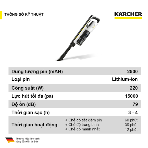 Máy hút bụi cầm tay Karcher VC 4s, Máy hút bụi dùng pin 18V Lithium-ion có 3 mức độ điều chỉnh, hoạt động tối đa 60p, độ ồn thấp