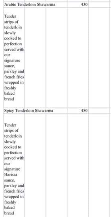 Sheikh Shawarma menu 