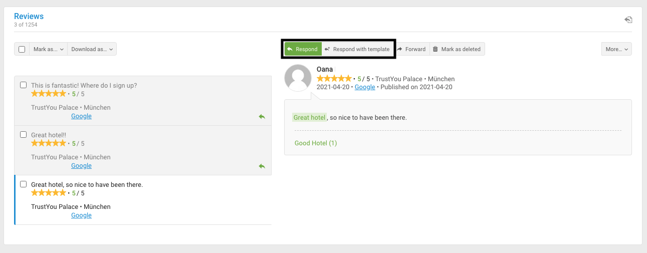 A snip from our platform showing how you can respond to guest reviews using customized text or template of your own.