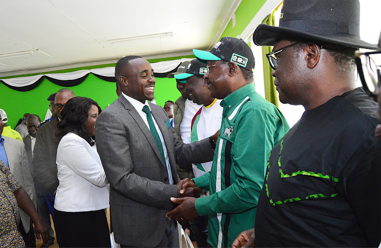 Kakamega Senator Cleophas Malala and his running mate Beatrice Inyangala are congratulated by Kenya Kwanza leaders Moses Wetang'ula, Musalia Mudavadi and Kenneth Lusaka