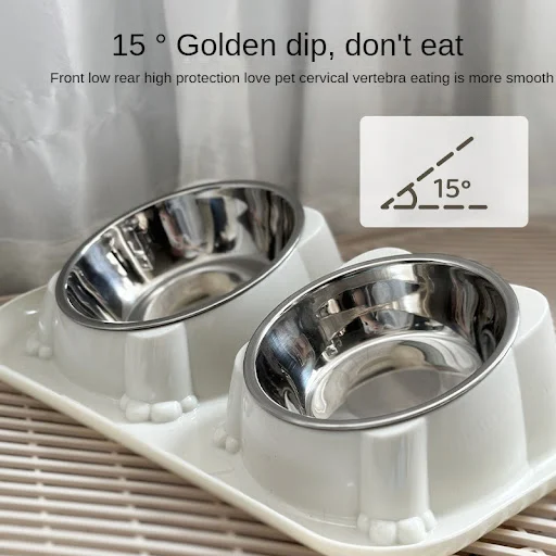 Cat Bowl Double Dog Food Bowl Stainless Steel Anti Overturning Cat Drinking Water and Feeding Bowl Oblique Mouth Pet Sup