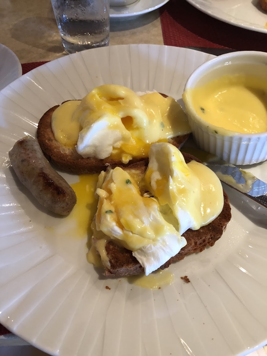 Gf eggs Benedict. With chicken sausage since the bacon mix and potatoes are not safe.