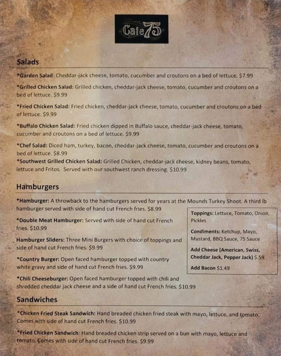 Cafe 75 gluten-free menu