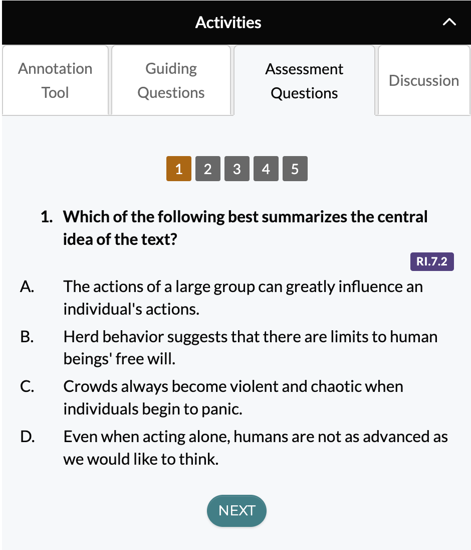 "Assessment Questions" tab under Activities in CommonLit lesson for CommonLit staff's "Herd Behavior."