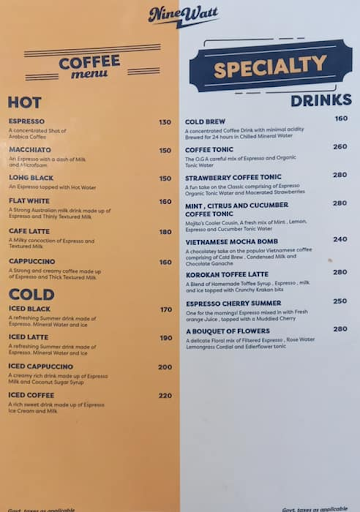 Nine Watt Coffee menu 