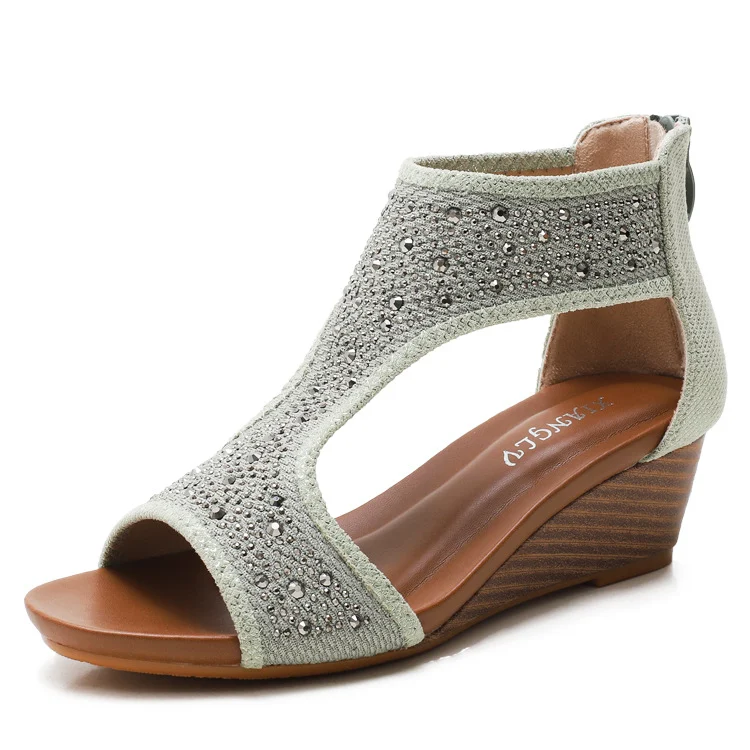 Sandali con zeppa con zip posteriore estivi, suola spessa, stile bohémien, scarpe da spiaggia. Comode ed eleganti per le tue vacanze.