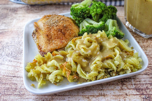 Gravy poured over the Bridled Noodles (Pennsylvania Dutch).