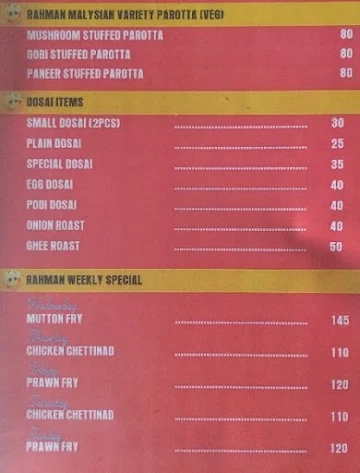 Rahman Biriyani menu 