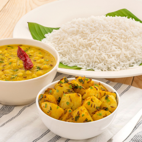 Homestyle Dal Tadka, Marwadi Aloo & Steamed Rice