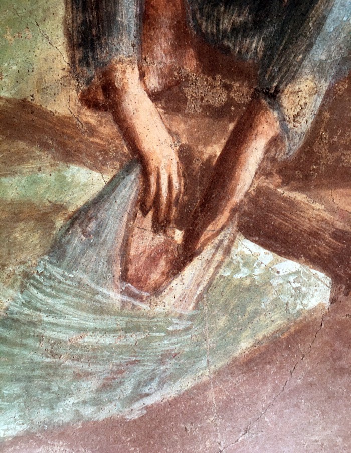 Masaccio, Il Pagamento del Tributo, particolare della pesca miracolosa con Pietro che estrae la moneta dal pesce, affresco nella Cappella Brancacci, Santa Maria del Carmine, Firenze