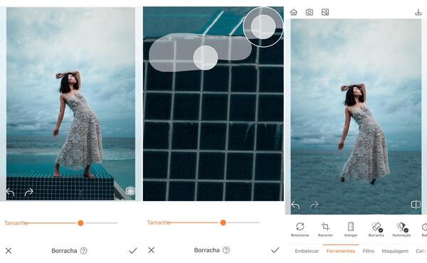 Foto de uma mulher na borda de uma piscina usando um vestido branco rendado com o mar no fundo, sendo editada pelo AirBrush