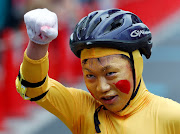 A racer reacts during the office chair race ISU-1 Grand Prix series, in Hanyu, north of Tokyo, Japan, on June 9 2019. 
