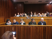 The Krugersdorp murder accused in the dock are, from left to right, Marinda Steyn, Cecilia Steyn (no relation), Marcel and Le Roux Steyn (Marinda's children) and Zak Valentine.