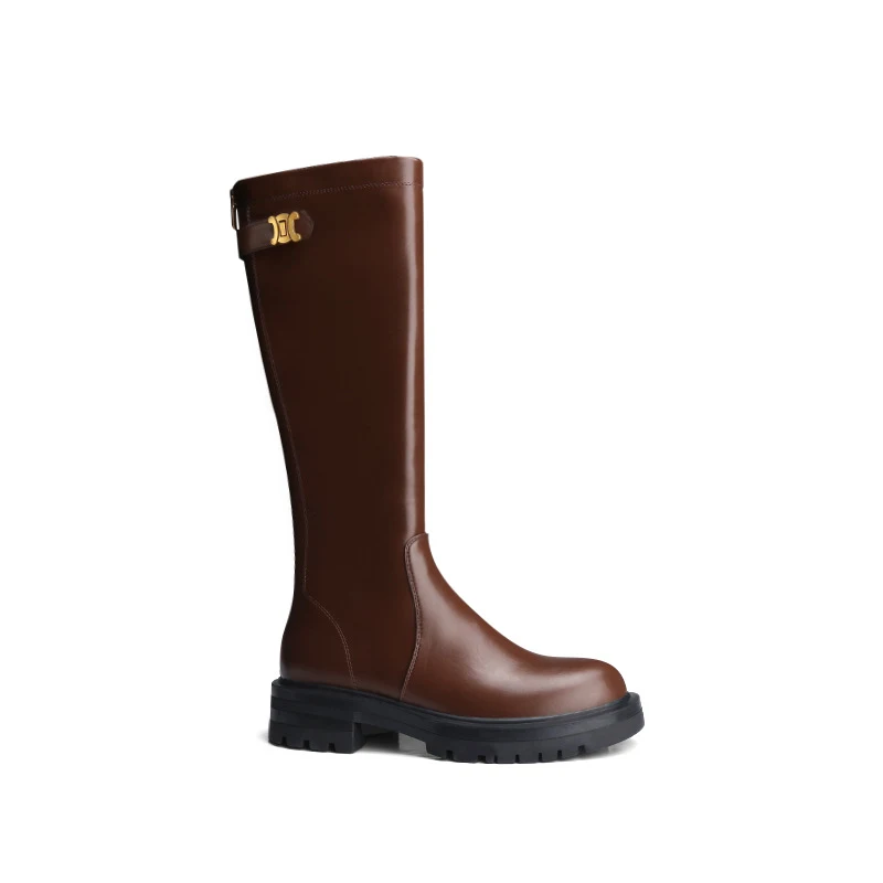 Gouden Gesp Plus Fluweel Dikke Ronde Teen Dikke Zool Dikke Hak Lange Hoge Schacht Ridderlaarzen, Comfort en Stijl.