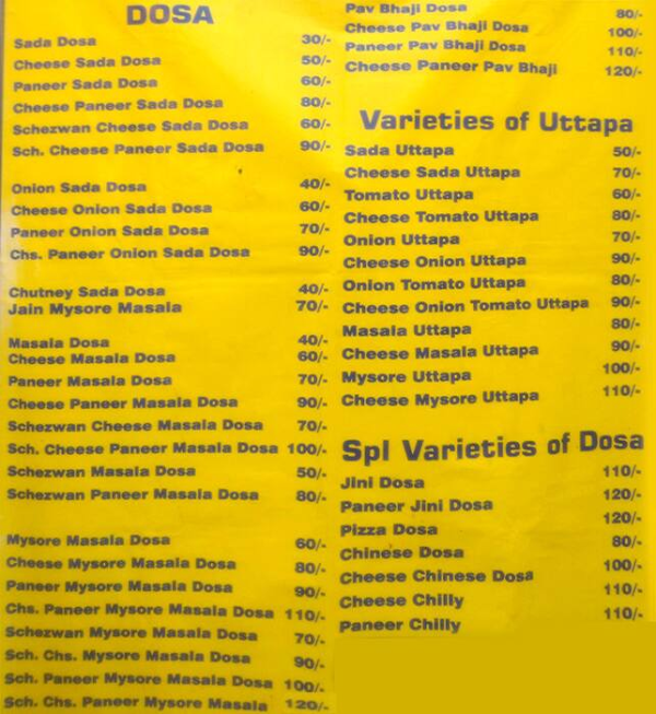Sai Fast Food Dosa Corner menu 