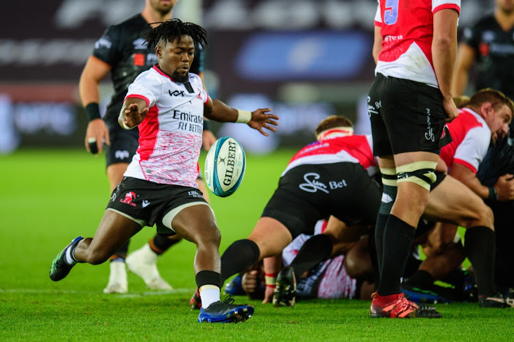 Sanele Nohamba of Lions clears during the United Rugby Championship match against the Ospreys.