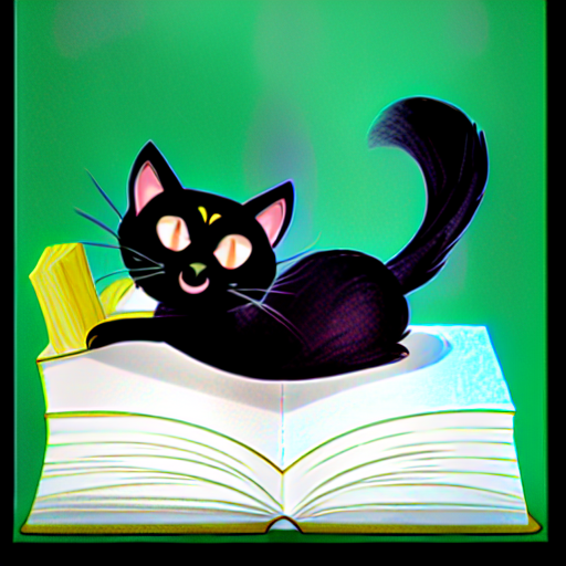 a black cat sitting on top of a large open book.