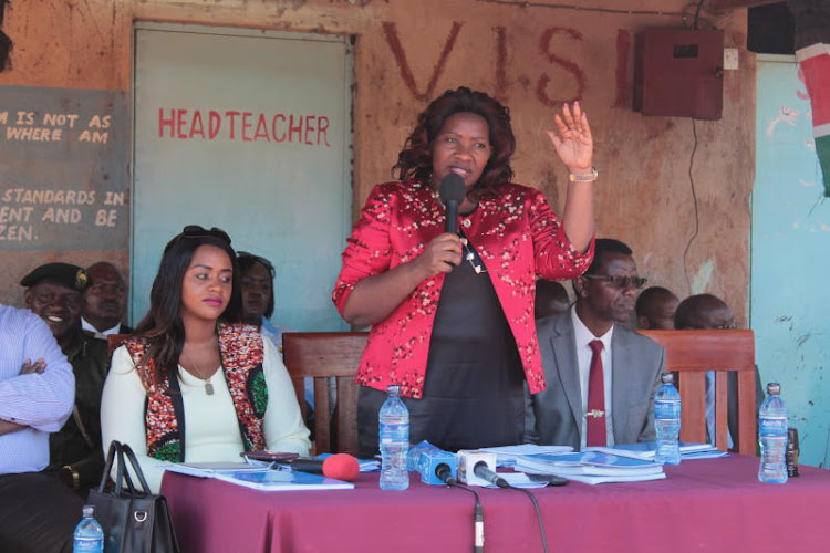 The National Assembly Land Committee headed by Kitui South MP Rachel Nyamai during the committee's tour at the Kamiti Anmer farm